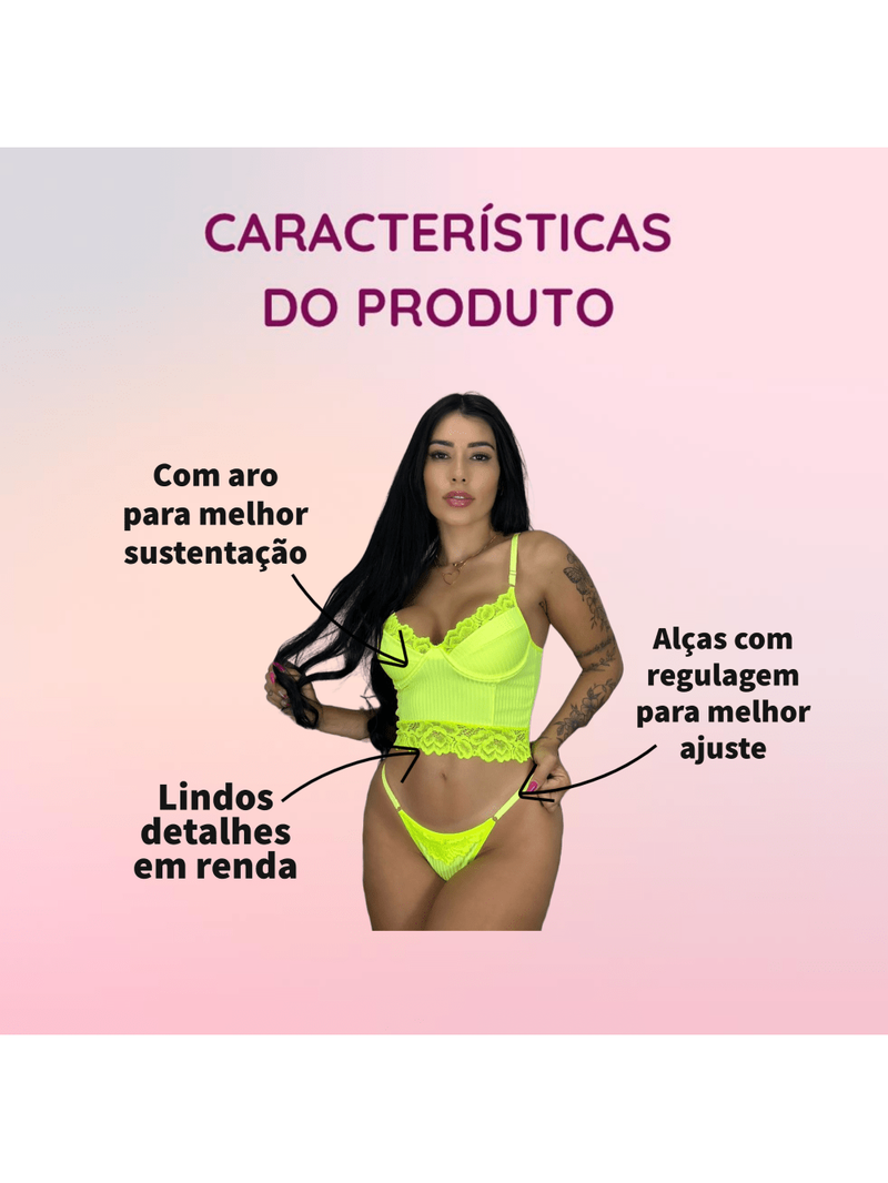 Conjunto Lingerie Cropped Sexy Canelado com Renda Modinha Blogueira Croped Alça com Regulagem em Metal Sensual Moda