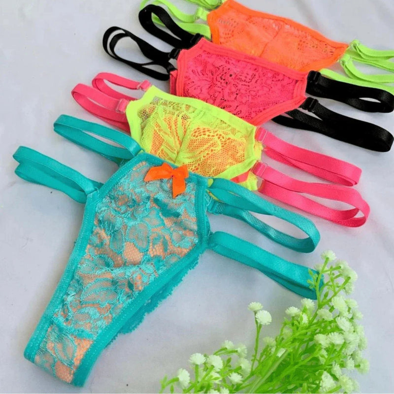 Calcinha Tanga Neon Duas tiras Fio Sexy String Coloridas Lingerie com regulagem dupla