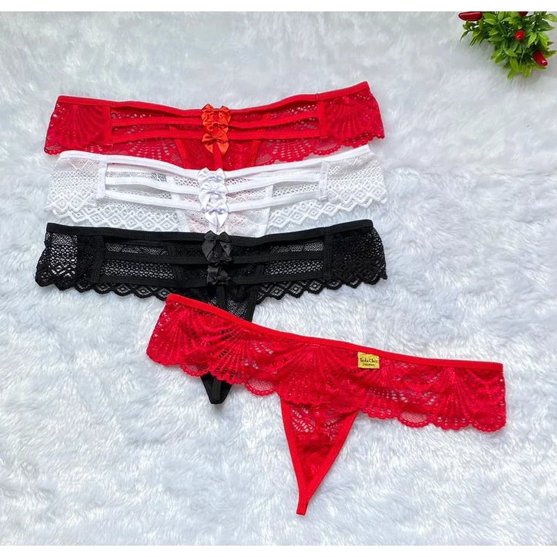 Calcinha Sexy Fio Dental Em Renda Com Strappy Laços Tanga Lingerie Ref 308